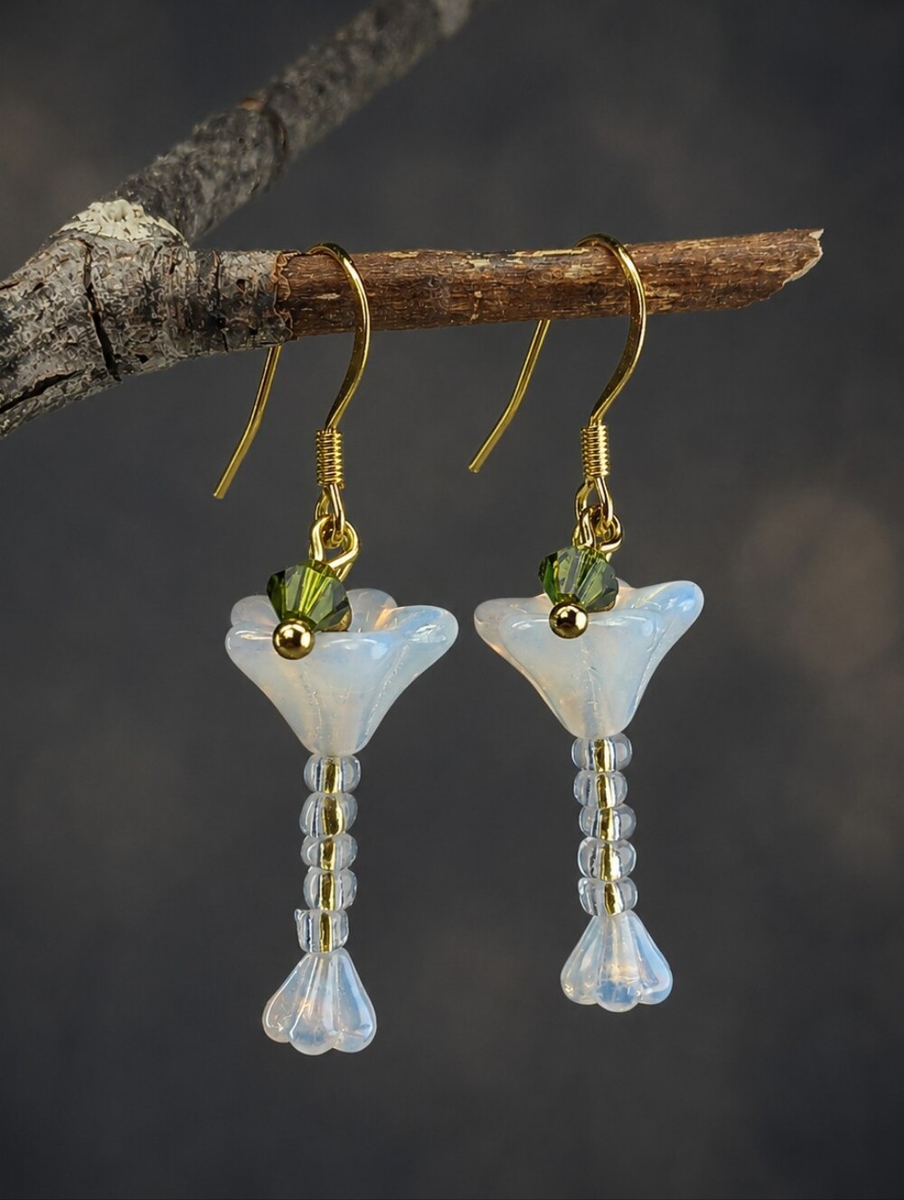 Martini Glass Earrings Green Olive Czech Glass Gold Tone Hand Crafted - Picture 3 of 6